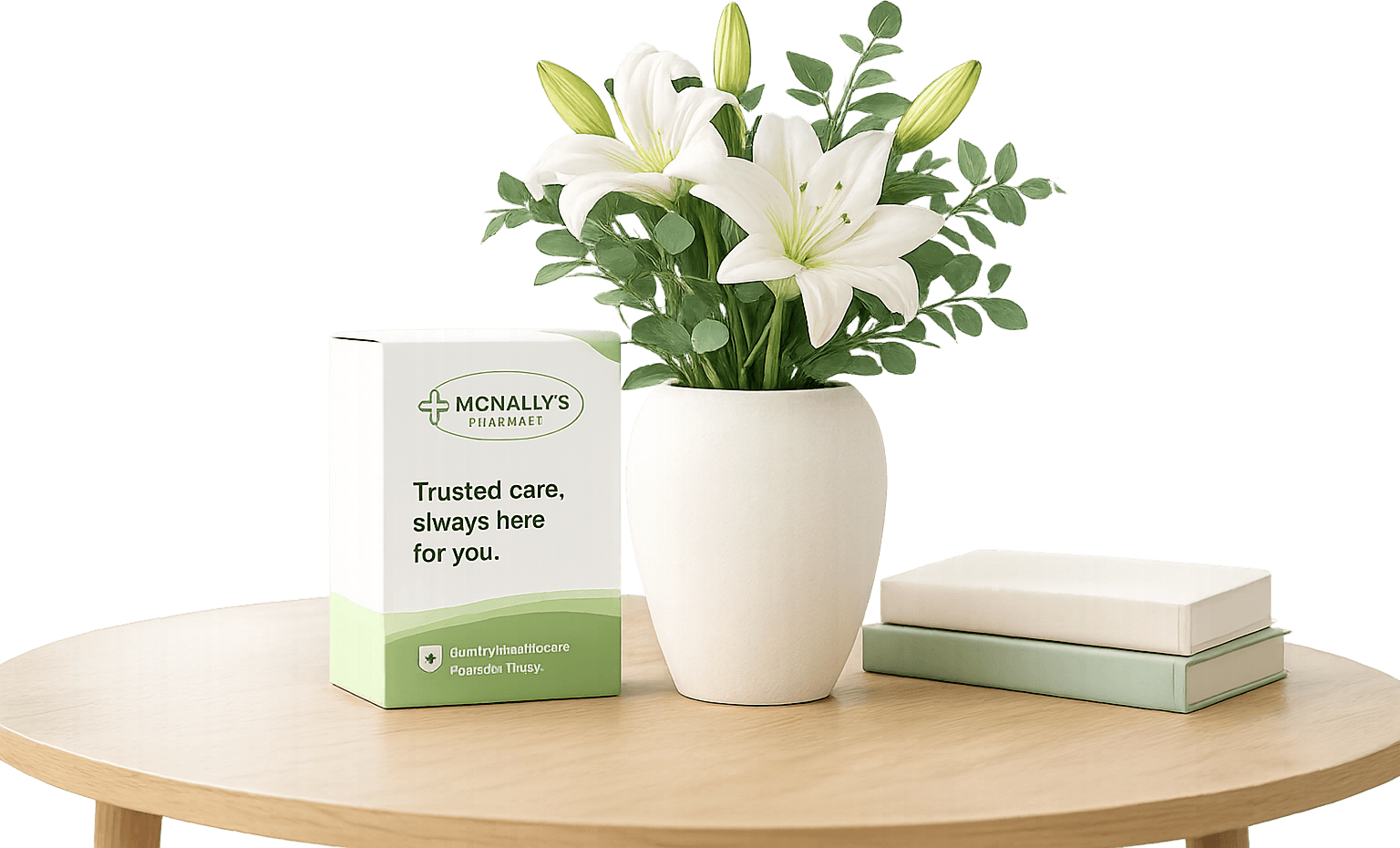 McNally's Pharmacy treatment box beside a flower vase on a wooden table